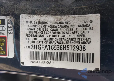 2006 Honda Civic Lx from USA, damaged, VIN 2HGFA16536H512938